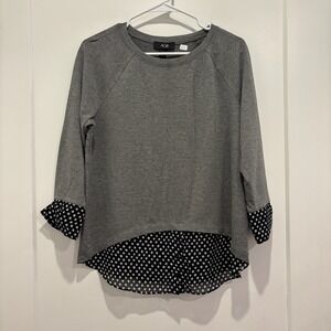 AGB Womens Grey Polka Dot Mixed Media Layered Look Top 3/4 Sleeve Blouse L